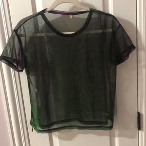 Short sleeve holographic mesh top